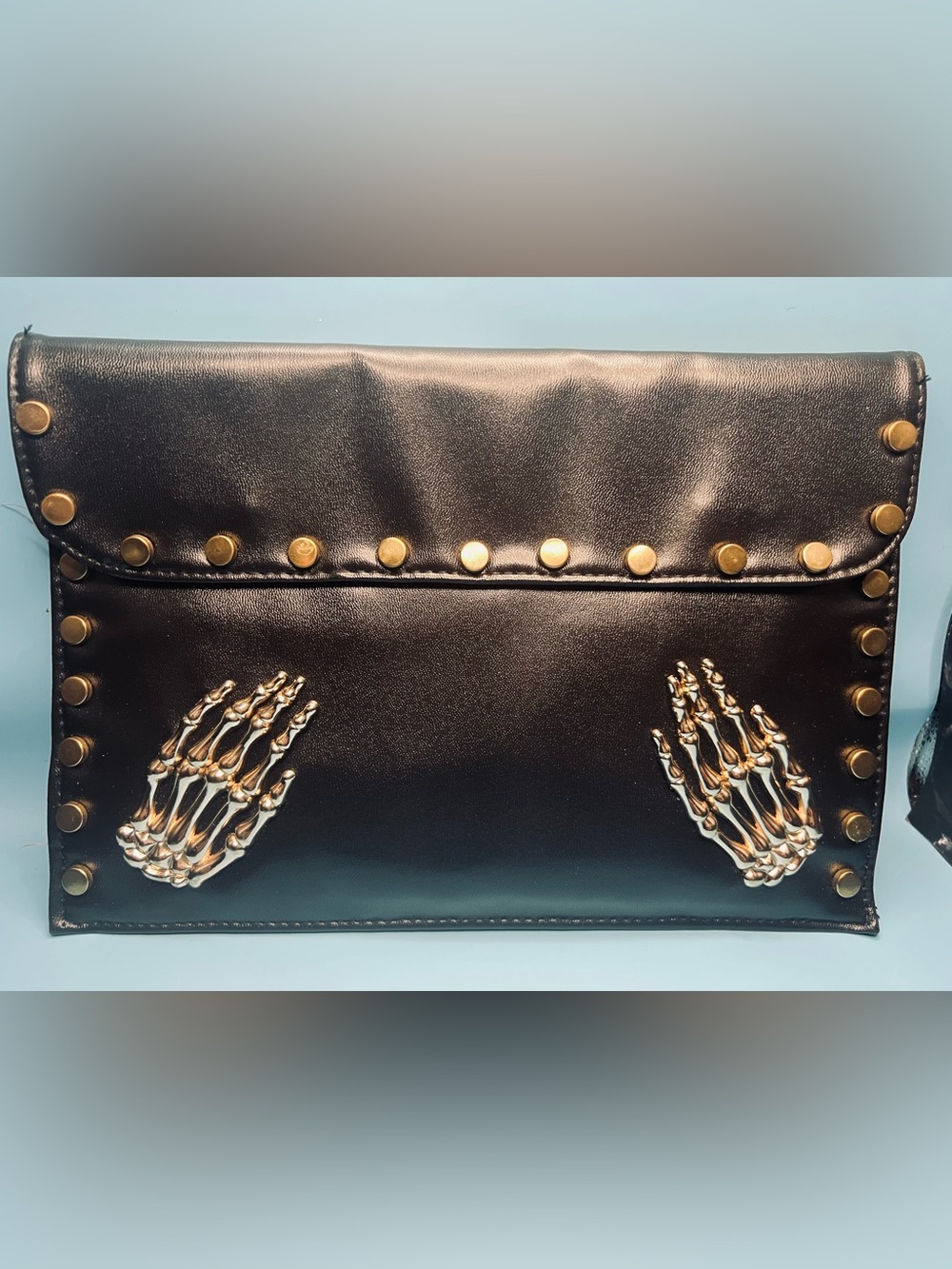 Gothic Black Faux Leather Envelope Clutch with Metallic Skeleton Hands & Studs